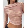 imageSOLY HUX Womens Ruched Metallic Long Sleeve T Shirts Glitter Party Crop TopsSolid Pink