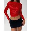 imageSOLY HUX Womens Ruched Metallic Long Sleeve T Shirts Glitter Party Crop TopsSolid Red