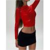 imageSOLY HUX Womens Ruched Metallic Long Sleeve T Shirts Glitter Party Crop TopsSolid Red