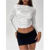 imageSOLY HUX Womens Ruched Metallic Long Sleeve T Shirts Glitter Party Crop TopsSolid White