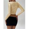imageSOLY HUX Womens Ruched Metallic Long Sleeve T Shirts Glitter Party Crop TopsSolid Yellow