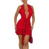 imageSOLY HUX Womens 3D Floral Ruffle Mesh Halter Dress Sleeveless Tie Backless Ruched Bodycon Mini DressesSolid Red