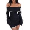imageSOLY HUX Womens Bodycon Mini Dress Off The Shoulder Lace Trim Bow Long Sleeve Ruched Y2k DressesPure Black