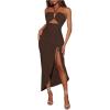 imageSOLY HUX Womens Cut Out Ruched Halter Dress High Split Drawstring Bodycon Maxi Vacation DressesSolid Brown