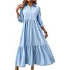 imageSOLY HUX Womens Half Button Collar 34 Sleeve Shirt Dress Ruffle Hem Casual Loose Long DressesPure Blue