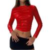 imageSOLY HUX Womens Ruched Metallic Long Sleeve T Shirts Glitter Party Crop TopsSolid Red