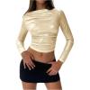 imageSOLY HUX Womens Ruched Metallic Long Sleeve T Shirts Glitter Party Crop TopsSolid Yellow