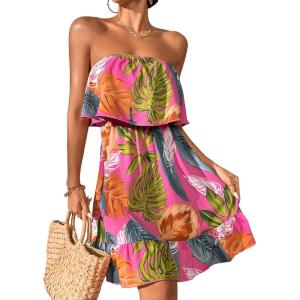 imageSOLY HUX Summer Dresses for Women Tropical Print Strapless Sleeveless Ruffle Hem Tube DressHotpink