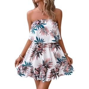 imageSOLY HUX Summer Dresses for Women Tropical Print Strapless Sleeveless Ruffle Hem Tube DressWhite Tropical Print