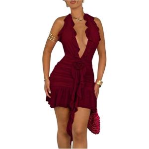 imageSOLY HUX Womens 3D Floral Ruffle Mesh Halter Dress Sleeveless Tie Backless Ruched Bodycon Mini DressesSolid Burgundy