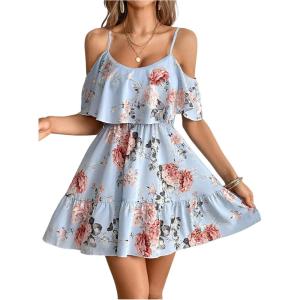 imageSOLY HUX Womens Boho Floral Print Cold Shoulder Dress Short Sleeve Ruffle A Line Vacation Elegant Mini DressesLight Blue Floral