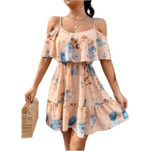 imageSOLY HUX Womens Boho Floral Print Cold Shoulder Dress Short Sleeve Ruffle A Line Vacation Elegant Mini DressesMulti Floral