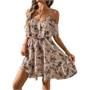 imageSOLY HUX Womens Boho Floral Print Cold Shoulder Dress Short Sleeve Ruffle A Line Vacation Elegant Mini DressesMulti Floral Print
