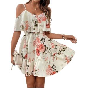 imageSOLY HUX Womens Boho Floral Print Cold Shoulder Dress Short Sleeve Ruffle A Line Vacation Elegant Mini DressesMulticoloured Floral
