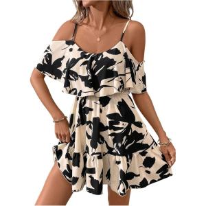 imageSOLY HUX Womens Boho Floral Print Cold Shoulder Dress Short Sleeve Ruffle A Line Vacation Elegant Mini DressesMulticoloured Floral Print