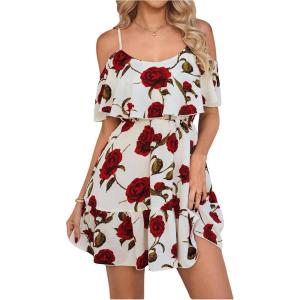 imageSOLY HUX Womens Boho Floral Print Cold Shoulder Dress Short Sleeve Ruffle A Line Vacation Elegant Mini DressesRed Floral