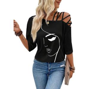 imageSOLY HUX Womens Figure Graphic Tees Criss Cross Cut Out Half Sleeve T Shirt Summer TopsBlack Figure