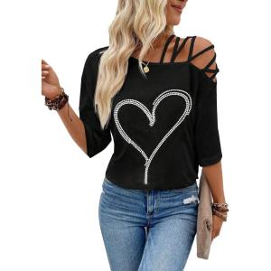 imageSOLY HUX Womens Figure Graphic Tees Criss Cross Cut Out Half Sleeve T Shirt Summer TopsBlack Heart