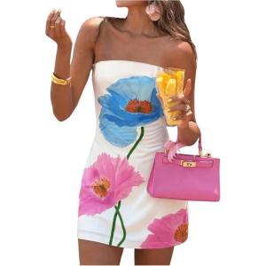 imageSOLY HUX Womens Floral Print Mini Tube Dress Strapless Sleeveless Bodycon DressesWhite Floral