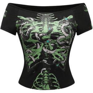 imageSOLY HUX Womens Goth T Shirts Off Shoulder Short Sleeve Graphic Tees Y2k Tight Fitted Crop TopsBlack Graphic
