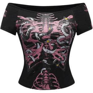 imageSOLY HUX Womens Goth T Shirts Off Shoulder Short Sleeve Graphic Tees Y2k Tight Fitted Crop TopsPink Black