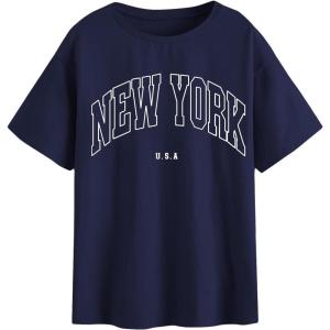 imageSOLY HUX Womens Graphic Oversized Tees Letter Print Summer Tops Vintage Half Sleeve Loose Casual T ShirtsDark Blue Letter