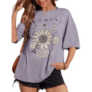 imageSOLY HUX Womens Graphic Oversized Tees Letter Print Summer Tops Vintage Half Sleeve Loose Casual T ShirtsDusty Purple Flower