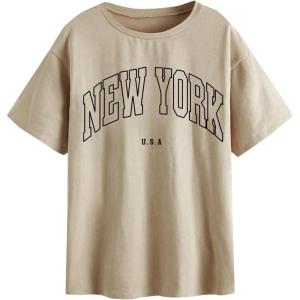 imageSOLY HUX Womens Graphic Oversized Tees Letter Print Summer Tops Vintage Half Sleeve Loose Casual T ShirtsLetter Khaki