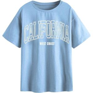 imageSOLY HUX Womens Graphic Oversized Tees Letter Print Summer Tops Vintage Half Sleeve Loose Casual T ShirtsLight Blue Letter