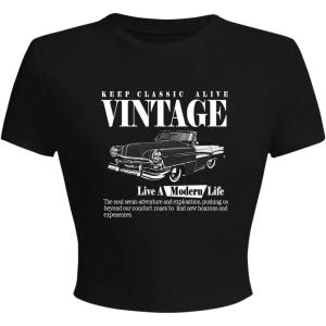 imageSOLY HUX Womens Graphic Tees Letter Car Print Crop Tops Short Sleeve Crew Neck Summer T ShirtBlack Letter