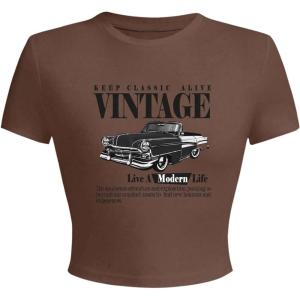 imageSOLY HUX Womens Graphic Tees Letter Car Print Crop Tops Short Sleeve Crew Neck Summer T ShirtCoffee Brown Letter