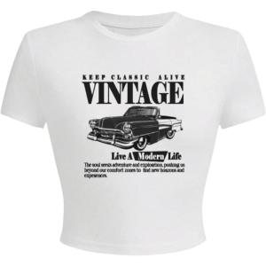 imageSOLY HUX Womens Graphic Tees Letter Car Print Crop Tops Short Sleeve Crew Neck Summer T ShirtWhite Letter