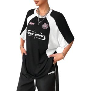 imageSOLY HUX Womens Graphic Tees Y2k Oversized T Shirt Jersey Streetwear Shirts Vintage Summer TopsBlack White Letter