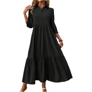 imageSOLY HUX Womens Half Button Collar 34 Sleeve Shirt Dress Ruffle Hem Casual Loose Long DressesPlain Black
