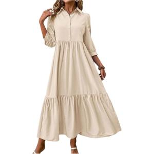 imageSOLY HUX Womens Half Button Collar 34 Sleeve Shirt Dress Ruffle Hem Casual Loose Long DressesPure Apricot