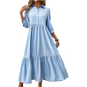 imageSOLY HUX Womens Half Button Collar 34 Sleeve Shirt Dress Ruffle Hem Casual Loose Long DressesPure Blue