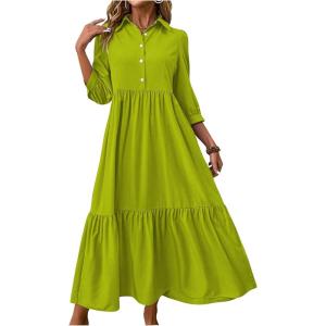 imageSOLY HUX Womens Half Button Collar 34 Sleeve Shirt Dress Ruffle Hem Casual Loose Long DressesPure Green