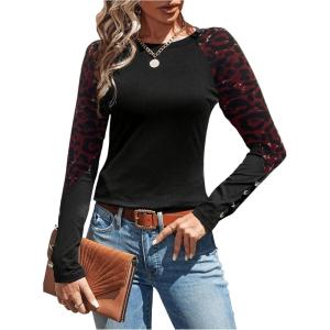 imageSOLY HUX Womens Leopard Print Long Sleeve Tee Round Neck Casual T Shirts TopsBlack Leopard Print