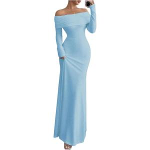 imageSOLY HUX Womens Long Sleeve Off The Shoulder Bodycon Dress Elegant Maxi Dress Cocktail Prom DressesLight Blue