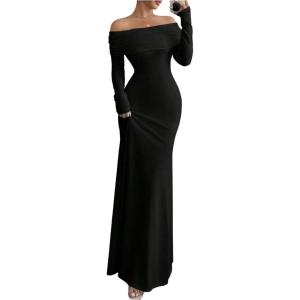 imageSOLY HUX Womens Long Sleeve Off The Shoulder Bodycon Dress Elegant Maxi Dress Cocktail Prom DressesPlain Black
