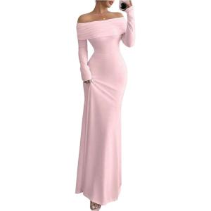 imageSOLY HUX Womens Long Sleeve Off The Shoulder Bodycon Dress Elegant Maxi Dress Cocktail Prom DressesPure Pink