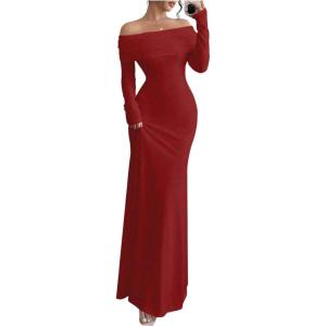 imageSOLY HUX Womens Long Sleeve Off The Shoulder Bodycon Dress Elegant Maxi Dress Cocktail Prom DressesSolid Burgundy