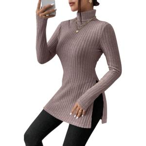 imageSOLY HUX Womens Long Sleeve Turtle Neck Tops Split Hem TShirts Trendy Casual Slim Fitted Tees Plain Brown M