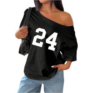 imageSOLY HUX Womens Off The Shoulder Tops Graphic Tees Jersey Shirts Number Print Baggy Oversized T ShirtsBlack Number