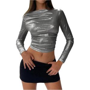 imageSOLY HUX Womens Ruched Metallic Long Sleeve T Shirts Glitter Party Crop TopsSolid Grey