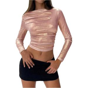 imageSOLY HUX Womens Ruched Metallic Long Sleeve T Shirts Glitter Party Crop TopsSolid Pink