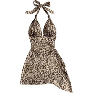 imageSOLY HUX Womens Sexy Leopard Print Halter V Neck Mini Dress Retro Backless Fitted Bodycon DressesBrown Leopard