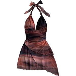 imageSOLY HUX Womens Sexy Leopard Print Halter V Neck Mini Dress Retro Backless Fitted Bodycon DressesBrown Multi