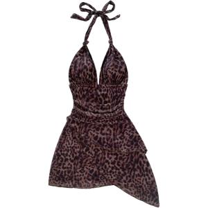 imageSOLY HUX Womens Sexy Leopard Print Halter V Neck Mini Dress Retro Backless Fitted Bodycon DressesDark Brown Leopard