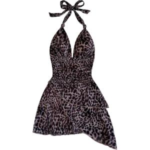 imageSOLY HUX Womens Sexy Leopard Print Halter V Neck Mini Dress Retro Backless Fitted Bodycon DressesMulti Leopard